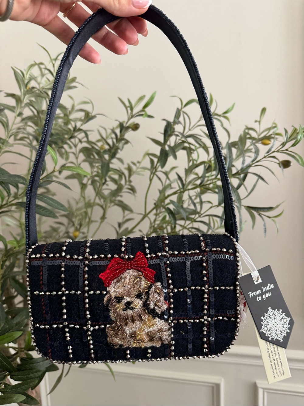 Made in India Navy Embroidered Puppy Shoulder Bag with Red Bow